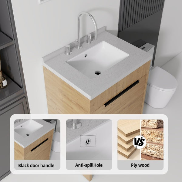 English Elm 24 Inch Freestanding Bathroom Vanity Plywood Cabinet Cultured Marble Sink Top Oak Granite White B2775S00170