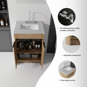 English Elm 24 Inch Freestanding Bathroom Vanity Plywood Cabinet Cultured Marble Sink Top Oak Granite White B2775S00170
