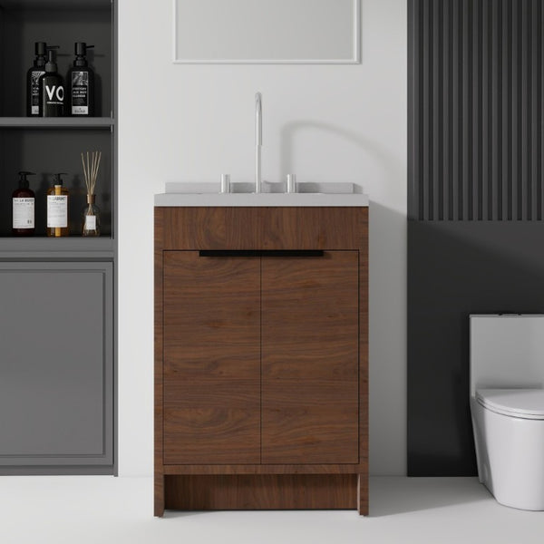 English Elm 24 Inch Freestanding Bathroom Vanity Plywood Cabinet Cultured Marble Sink Top Brown Granite White B2775S00171
