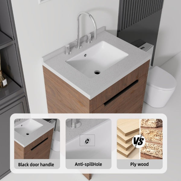 English Elm 24 Inch Freestanding Bathroom Vanity Plywood Cabinet Cultured Marble Sink Top Brown Granite White B2775S00171