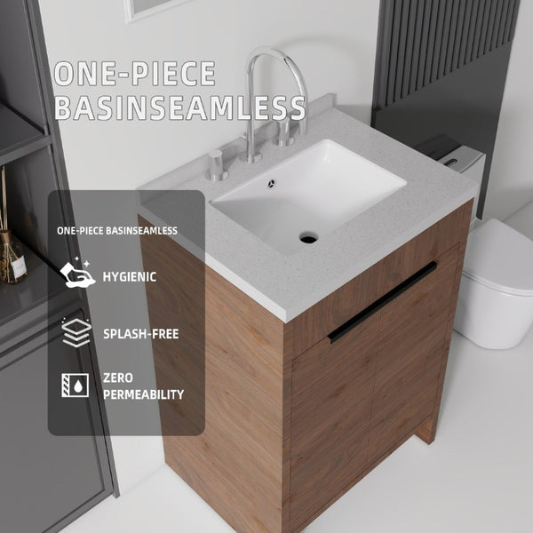 English Elm 24 Inch Freestanding Bathroom Vanity Plywood Cabinet Cultured Marble Sink Top Brown Granite White B2775S00171