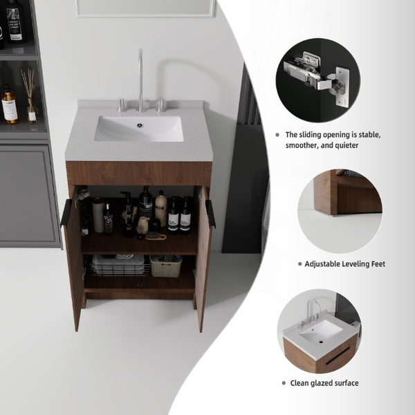 English Elm 24 Inch Freestanding Bathroom Vanity Plywood Cabinet Cultured Marble Sink Top Brown Granite White B2775S00171