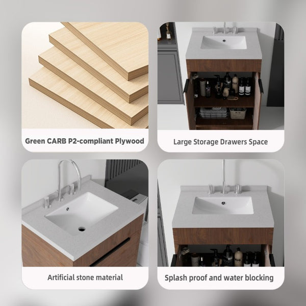 English Elm 24 Inch Freestanding Bathroom Vanity Plywood Cabinet Cultured Marble Sink Top Brown Granite White B2775S00171