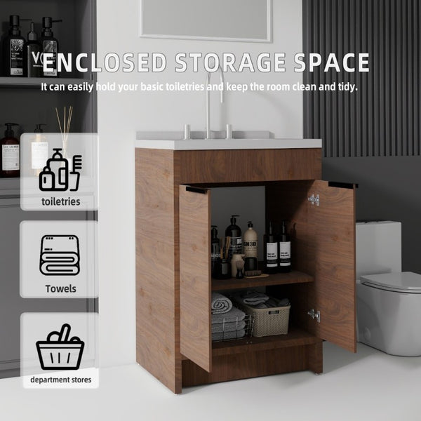 English Elm 24 Inch Freestanding Bathroom Vanity Plywood Cabinet Cultured Marble Sink Top Brown Granite White B2775S00171