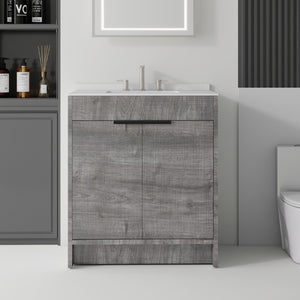 English Elm 30 Inch Freestanding Bathroom Vanity Plywood Cabinet Soft Close Cultured Marble Top Grey Carrara White B2775S00172