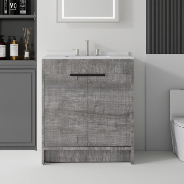 English Elm 30 Inch Freestanding Bathroom Vanity Plywood Cabinet Soft Close Cultured Marble Top Grey Carrara White B2775S00172