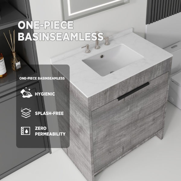 English Elm 30 Inch Freestanding Bathroom Vanity Plywood Cabinet Soft Close Cultured Marble Top Grey Carrara White B2775S00172