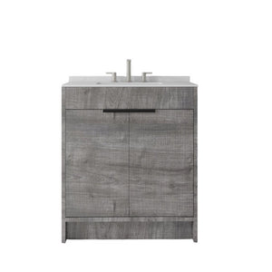 English Elm 30 Inch Freestanding Bathroom Vanity Plywood Cabinet Soft Close Cultured Marble Top Grey Carrara White B2775S00172