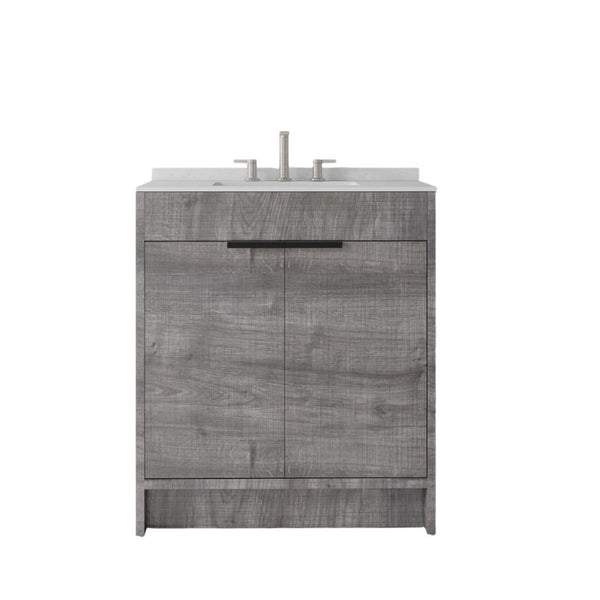 English Elm 30 Inch Freestanding Bathroom Vanity Plywood Cabinet Soft Close Cultured Marble Top Grey Carrara White B2775S00172