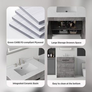 English Elm 30 Inch Freestanding Bathroom Vanity Plywood Cabinet Soft Close Cultured Marble Top Grey Carrara White B2775S00172