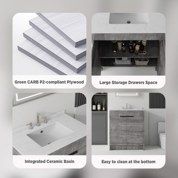 English Elm 30 Inch Freestanding Bathroom Vanity Plywood Cabinet Soft Close Cultured Marble Top Grey Carrara White B2775S00172