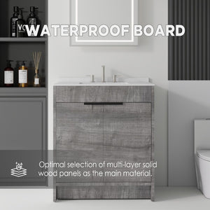 English Elm 30 Inch Freestanding Bathroom Vanity Plywood Cabinet Soft Close Cultured Marble Top Grey Carrara White B2775S00172
