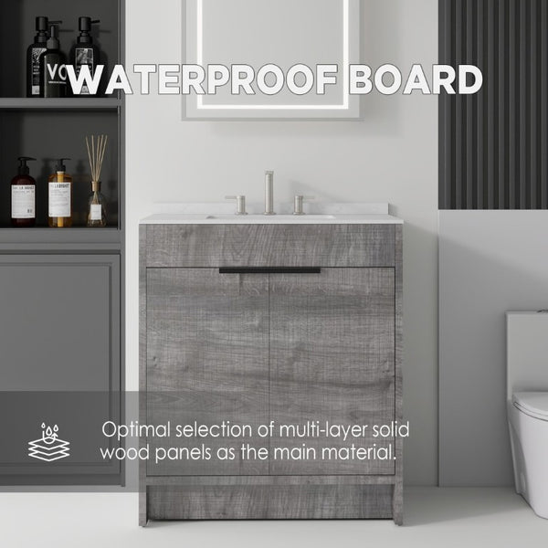 English Elm 30 Inch Freestanding Bathroom Vanity Plywood Cabinet Soft Close Cultured Marble Top Grey Carrara White B2775S00172