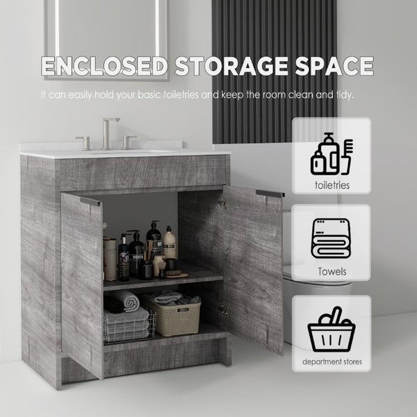 English Elm 30 Inch Freestanding Bathroom Vanity Plywood Cabinet Soft Close Cultured Marble Top Grey Carrara White B2775S00172