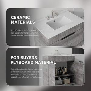 English Elm 30 Inch Freestanding Bathroom Vanity Plywood Cabinet Soft Close Cultured Marble Top Grey Carrara White B2775S00172