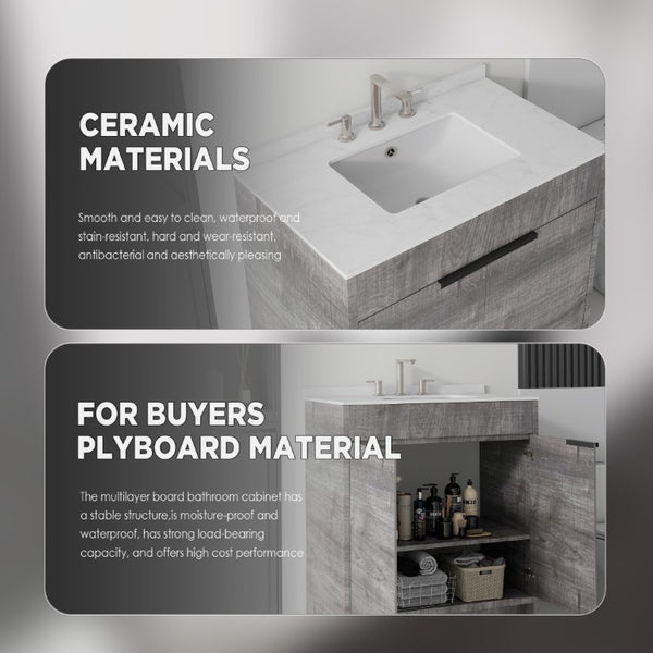 English Elm 30 Inch Freestanding Bathroom Vanity Plywood Cabinet Soft Close Cultured Marble Top Grey Carrara White B2775S00172