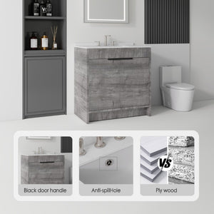 English Elm 30 Inch Freestanding Bathroom Vanity Plywood Cabinet Soft Close Cultured Marble Top Grey Carrara White B2775S00172