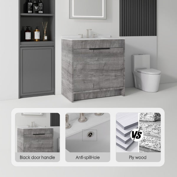 English Elm 30 Inch Freestanding Bathroom Vanity Plywood Cabinet Soft Close Cultured Marble Top Grey Carrara White B2775S00172