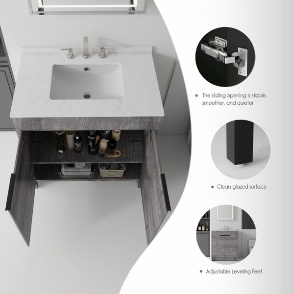 English Elm 30 Inch Freestanding Bathroom Vanity Plywood Cabinet Soft Close Cultured Marble Top Grey Carrara White B2775S00172