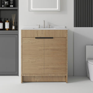 English Elm 30 Inch Freestanding Bathroom Vanity Plywood Cabinet Soft Close Cultured Marble Top Oak Carrara White B2775S00173