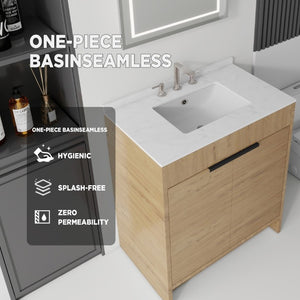 English Elm 30 Inch Freestanding Bathroom Vanity Plywood Cabinet Soft Close Cultured Marble Top Oak Carrara White B2775S00173