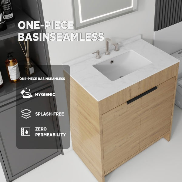 English Elm 30 Inch Freestanding Bathroom Vanity Plywood Cabinet Soft Close Cultured Marble Top Oak Carrara White B2775S00173