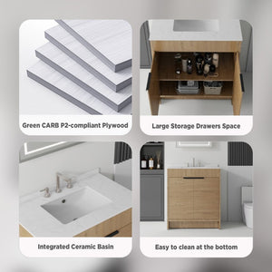 English Elm 30 Inch Freestanding Bathroom Vanity Plywood Cabinet Soft Close Cultured Marble Top Oak Carrara White B2775S00173