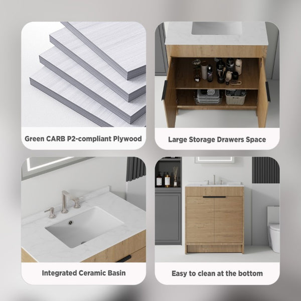English Elm 30 Inch Freestanding Bathroom Vanity Plywood Cabinet Soft Close Cultured Marble Top Oak Carrara White B2775S00173