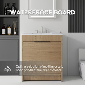 English Elm 30 Inch Freestanding Bathroom Vanity Plywood Cabinet Soft Close Cultured Marble Top Oak Carrara White B2775S00173