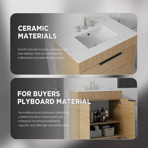 English Elm 30 Inch Freestanding Bathroom Vanity Plywood Cabinet Soft Close Cultured Marble Top Oak Carrara White B2775S00173