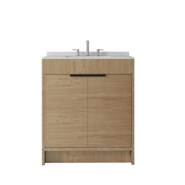 English Elm 30 Inch Freestanding Bathroom Vanity Plywood Cabinet Soft Close Cultured Marble Top Oak Carrara White B2775S00173