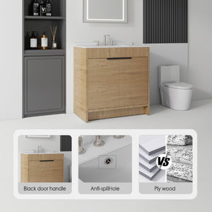 English Elm 30 Inch Freestanding Bathroom Vanity Plywood Cabinet Soft Close Cultured Marble Top Oak Carrara White B2775S00173