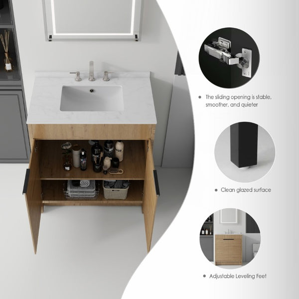 English Elm 30 Inch Freestanding Bathroom Vanity Plywood Cabinet Soft Close Cultured Marble Top Oak Carrara White B2775S00173