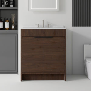 English Elm 30 Inch Freestanding Bathroom Vanity Plywood Cabinet Soft Close Cultured Marble Top Brown Carrara White B2775S00174