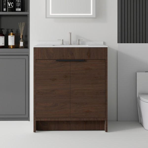 English Elm 30 Inch Freestanding Bathroom Vanity Plywood Cabinet Soft Close Cultured Marble Top Brown Carrara White B2775S00174