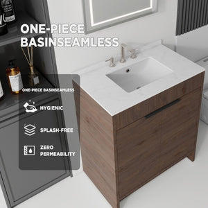 English Elm 30 Inch Freestanding Bathroom Vanity Plywood Cabinet Soft Close Cultured Marble Top Brown Carrara White B2775S00174