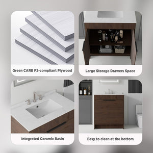 English Elm 30 Inch Freestanding Bathroom Vanity Plywood Cabinet Soft Close Cultured Marble Top Brown Carrara White B2775S00174