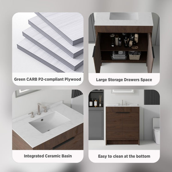 English Elm 30 Inch Freestanding Bathroom Vanity Plywood Cabinet Soft Close Cultured Marble Top Brown Carrara White B2775S00174