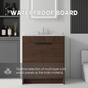 English Elm 30 Inch Freestanding Bathroom Vanity Plywood Cabinet Soft Close Cultured Marble Top Brown Carrara White B2775S00174