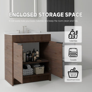 English Elm 30 Inch Freestanding Bathroom Vanity Plywood Cabinet Soft Close Cultured Marble Top Brown Carrara White B2775S00174