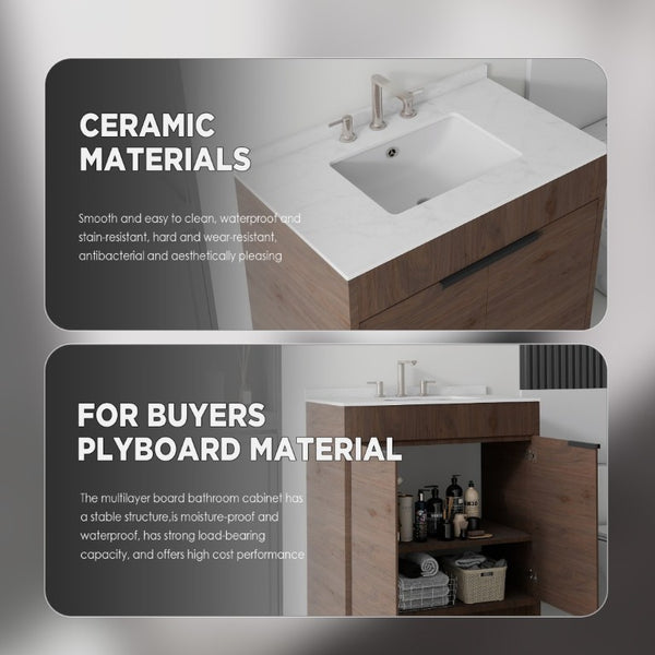 English Elm 30 Inch Freestanding Bathroom Vanity Plywood Cabinet Soft Close Cultured Marble Top Brown Carrara White B2775S00174