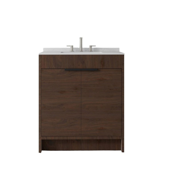 English Elm 30 Inch Freestanding Bathroom Vanity Plywood Cabinet Soft Close Cultured Marble Top Brown Carrara White B2775S00174