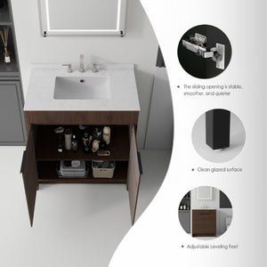English Elm 30 Inch Freestanding Bathroom Vanity Plywood Cabinet Soft Close Cultured Marble Top Brown Carrara White B2775S00174
