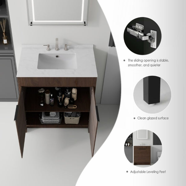 English Elm 30 Inch Freestanding Bathroom Vanity Plywood Cabinet Soft Close Cultured Marble Top Brown Carrara White B2775S00174