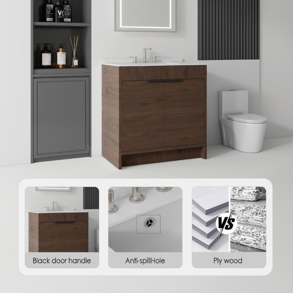 English Elm 30 Inch Freestanding Bathroom Vanity Plywood Cabinet Soft Close Cultured Marble Top Brown Carrara White B2775S00174