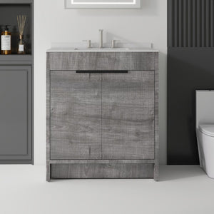 English Elm 30 Inch Freestanding Bathroom Vanity Plywood Cabinet Soft Close Cultured Marble Top Grey Granite White B2775S00175