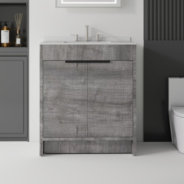 English Elm 30 Inch Freestanding Bathroom Vanity Plywood Cabinet Soft Close Cultured Marble Top Grey Granite White B2775S00175