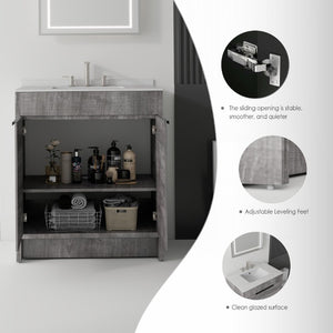 English Elm 30 Inch Freestanding Bathroom Vanity Plywood Cabinet Soft Close Cultured Marble Top Grey Granite White B2775S00175