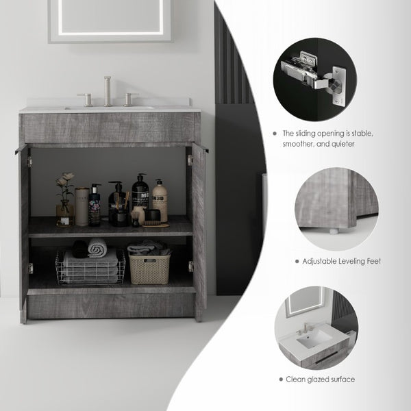 English Elm 30 Inch Freestanding Bathroom Vanity Plywood Cabinet Soft Close Cultured Marble Top Grey Granite White B2775S00175