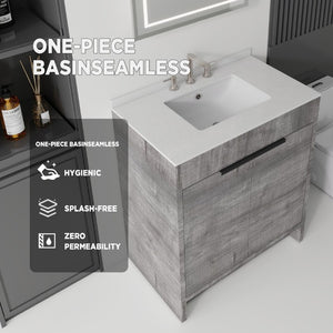 English Elm 30 Inch Freestanding Bathroom Vanity Plywood Cabinet Soft Close Cultured Marble Top Grey Granite White B2775S00175